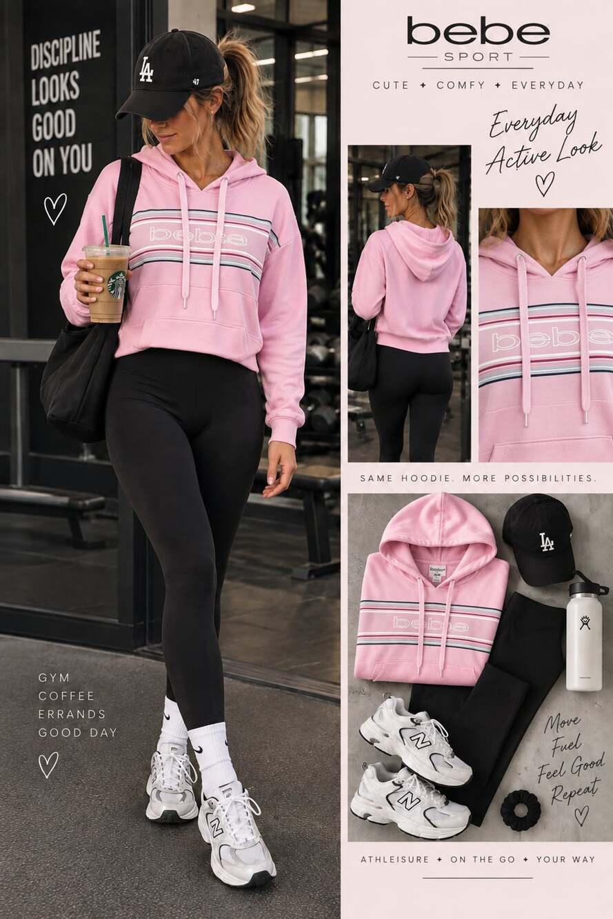 Bebe Sport Striped Logo Pullover Cropped Hoodie Pink